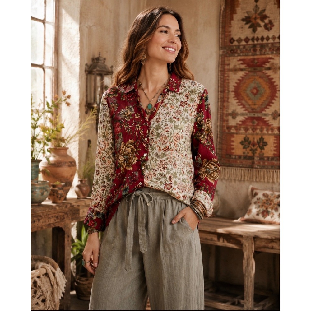CINO Patchwork Floral Cotton Shirt XL Boho Romantic Cottagecore Artisan Blouse